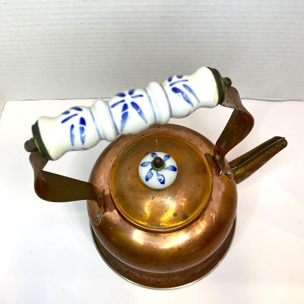 Vintage Copper Kettle with Porcelain Handle and Lid